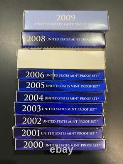 2000 through 2009 US Mint Proof Sets DECADE LOT of all 10 Complete in boxes