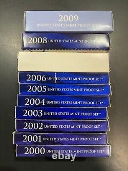 2000 through 2009 US Mint Proof Sets DECADE LOT of all 10 Complete in boxes