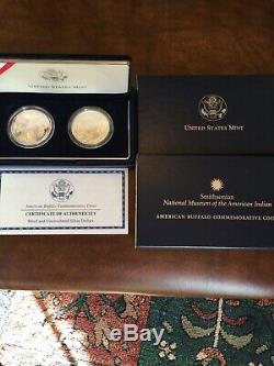 2001 American Buffalo Commemorative Silver Dollar 2 Coin Set- BU & Proof w COA
