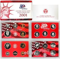2001 S US Mint Silver Proof 10 Coin Set with COA & Original Box Nice