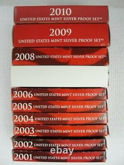 2001 Thru 2010 US Silver Proof Sets 10 Consecutive Years In OGP With COA