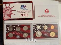 2002 US Mint Silver Proof Set Silver 10 Piece Coins, 1.34 Troy Oz Box & COA
