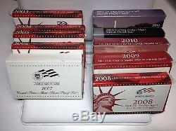2003-2013 Silver Proof Sets, Except 2011 Includes 2012 Silver Proof Set Box COA