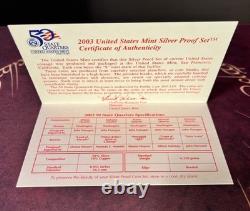 2003 United States Mint Silver Proof Set with State Quarters, Box & COA