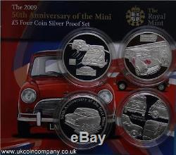 2009 Alderney Silver Proof Set 50th Anniversary Of The Mini £5 Four Coins