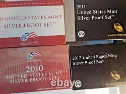 2009 to 2012 Silver Proof set run. 4 sets with Boxes and COAs. OGP. See photos