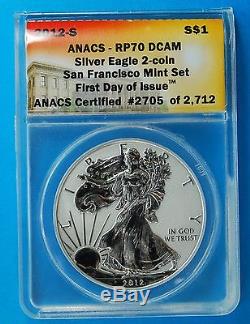 2012-S Reverse & Proof 2 Coin Set ANACS PR70 DCAM Silver Eagle 1st Day Issue