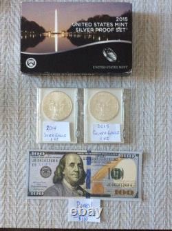 2015-S U. S. Silver Proof 14 Coin Set +1-2014, 1-2015 AMERICAN SILVER EAGLE 1 Oz