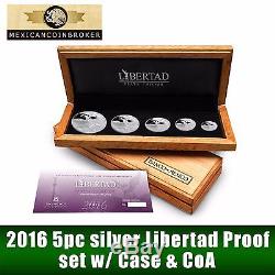 2016 5pc Silver Libertad Proof Set Treasure Coins of Mexico case with CoA