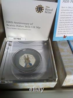 2016 Full Set 5 Beatrix Potter incl Peter Rabbit Coloured Silver Proof 50p Coins