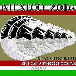 2016 MEXICO SET OF 7 SILVER LIBERTAD PROOF COINS in Original Mint Capsules