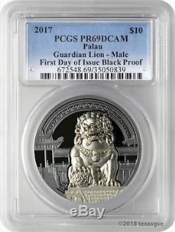 2017 $10 Palau Guardian Lion. 999 Silver 2-Coin Black Proof Set PCGS PR69DCAM FD