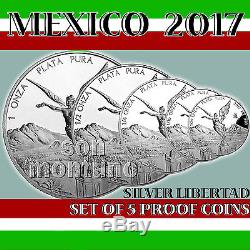 2017 MEXICO SET OF 5 SILVER LIBERTAD PROOF COINS in Original Mint Capsules