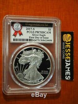 2017 S Proof Silver Eagle Pcgs Pr70 Dcam First Day Of Issue Congratulations Set