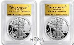 2018-W Proof $1 Silver Eagle PCGS PR70 GOLD FOIL 3-COIN SET FDOI Phily, D. C, DEN