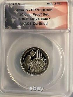 2019 S 10 Coin Proof Set. Anacs- Pr-70 Dcam. First Strike Coins. Flag Label