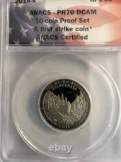 2019 S 10 Coin Proof Set. Anacs- Pr-70 Dcam. First Strike Coins. Flag Label