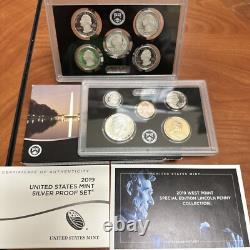 2019 S US Mint Silver Proof Set With2019 Reverse Proof Penny All COAs & OG Box