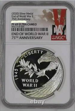 2020 P End of World War 2, WW2 75th Anniversary 1oz Silver Medal Eagle NGC PF69