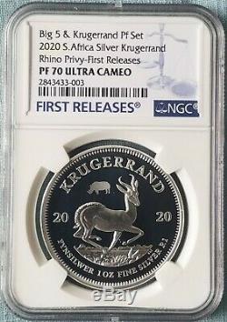 2020 SA Krugerrand/big5 RHINO Silver Proof 2 Coin Set PF70 FIRST RELEASES