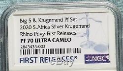 2020 SA Krugerrand/big5 RHINO Silver Proof 2 Coin Set PF70 FIRST RELEASES