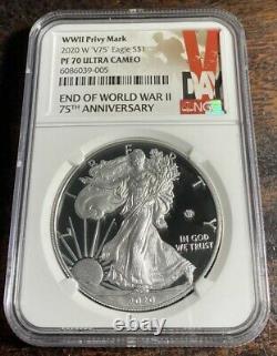 2020 W END OF WORLD WAR 2 V75 SILVER AMERICAN EAGLE NGC PF 70 75th ANNIVERSARY