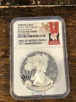 2020 W End Of Ww II Proof Silver Eagle V75 V Privy Ngc Pf70 First Day Of Issue