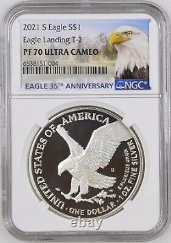 % 2021 S Ngc Pf70 Silver Eagle Type 2 Landing T2 Reverse Up Front, Showing S