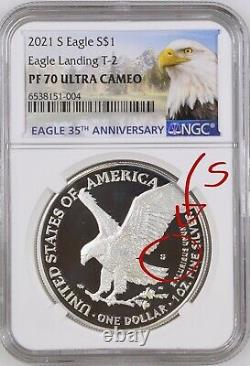 % 2021 S Ngc Pf70 Silver Eagle Type 2 Landing T2 Reverse Up Front, Showing S