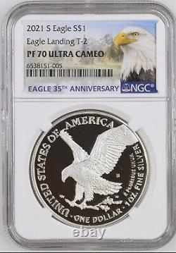 % 2021 S Ngc Pf70 Silver Eagle Type 2 Landing T2 Reverse Up Front, Showing S