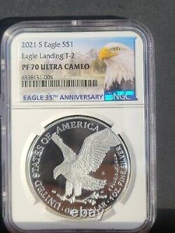 % 2021 S Ngc Pf70 Silver Eagle Type 2 Landing T2 Reverse Up Front, Showing S