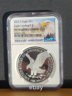 % 2021 S Ngc Pf70 Silver Eagle Type 2 Landing T2 Reverse Up Front, Showing S