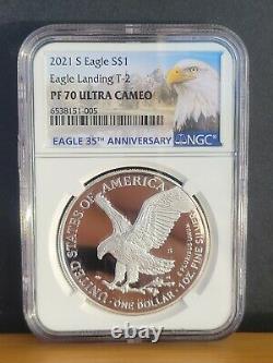 % 2021 S Ngc Pf70 Silver Eagle Type 2 Landing T2 Reverse Up Front, Showing S