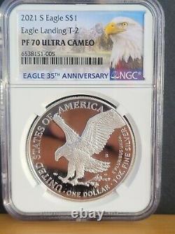 % 2021 S Ngc Pf70 Silver Eagle Type 2 Landing T2 Reverse Up Front, Showing S