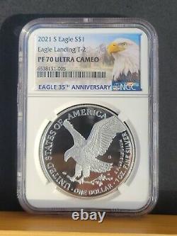 % 2021 S Ngc Pf70 Silver Eagle Type 2 Landing T2 Reverse Up Front, Showing S