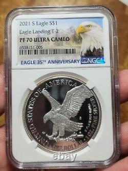 % 2021 S Ngc Pf70 Silver Eagle Type 2 Landing T2 Reverse Up Front, Showing S