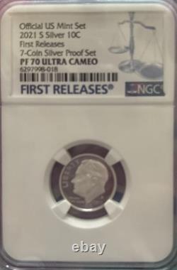 2021 S US Mint Silver 7-Coin Proof Set, NGC PF70 PR70 Complete Perfect, Gaudioso