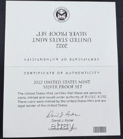 2022-S US Mint Silver Proof Set 10 Coins. 999 Silver OGP Box COA