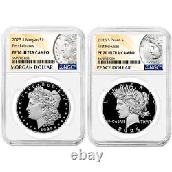 2025-S Proof $1 Morgan and Peace Silver Dollar 2pc Set NGC PF70UC FR Morgan