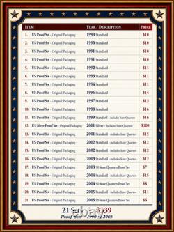 21 U. S. Mint Proof Sets (1990-2005) + 2001 Silver Proof Set. OGP