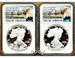 2 COIN SET 2021 W PROOF SILVER EAGLE, TYPE 1 & 2, NGC PF70UC FR, Eagle/Mtn