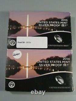 2 Yr Run Silver US Mint Proof Sets 2013-s, 14-s. With Stickers. Boxes & COAs. #13