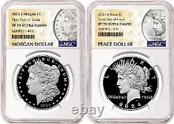 2 coin set 2024 morgan and peace proof silver dollars ngc pf 70 uc first day