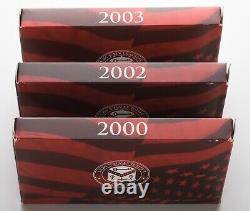 3 Silver US Mint Proof Sets, 2000, 2002, 2003. Boxes and COA. Excellent Cond