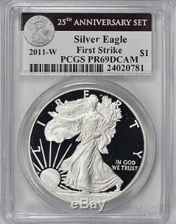 5 PCS 2011 25th Anniversary Silver Eagle Set, PCGS MS-69/Proof-69, First Strike
