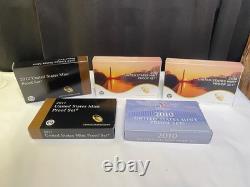 5pc UNITED STATES MINT PROOF SETS 2010 2011 2012 2013 2014 Complete With COA's