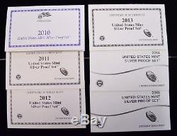 6 UNITED STATES SILVER PROOF SETS 2010 2011 2012 2013 2014 2015 with BOX & COA