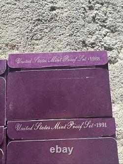 8 Set LOT of 1986- 1991, 1993, 1998 U. S. Proof Set in ORIG Mint Boxes & COA