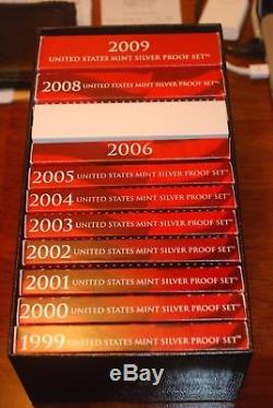 COMPLETE RUN US MINT SILVER PROOF SETS DATED 1999 TO 2009 ORIGINAL as ISSUED
