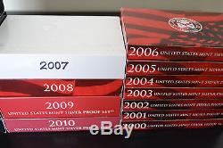 COMPLETE RUN US MINT SILVER PROOF SET DATED 2000 to 2017 Total 18 Silver PR Sets